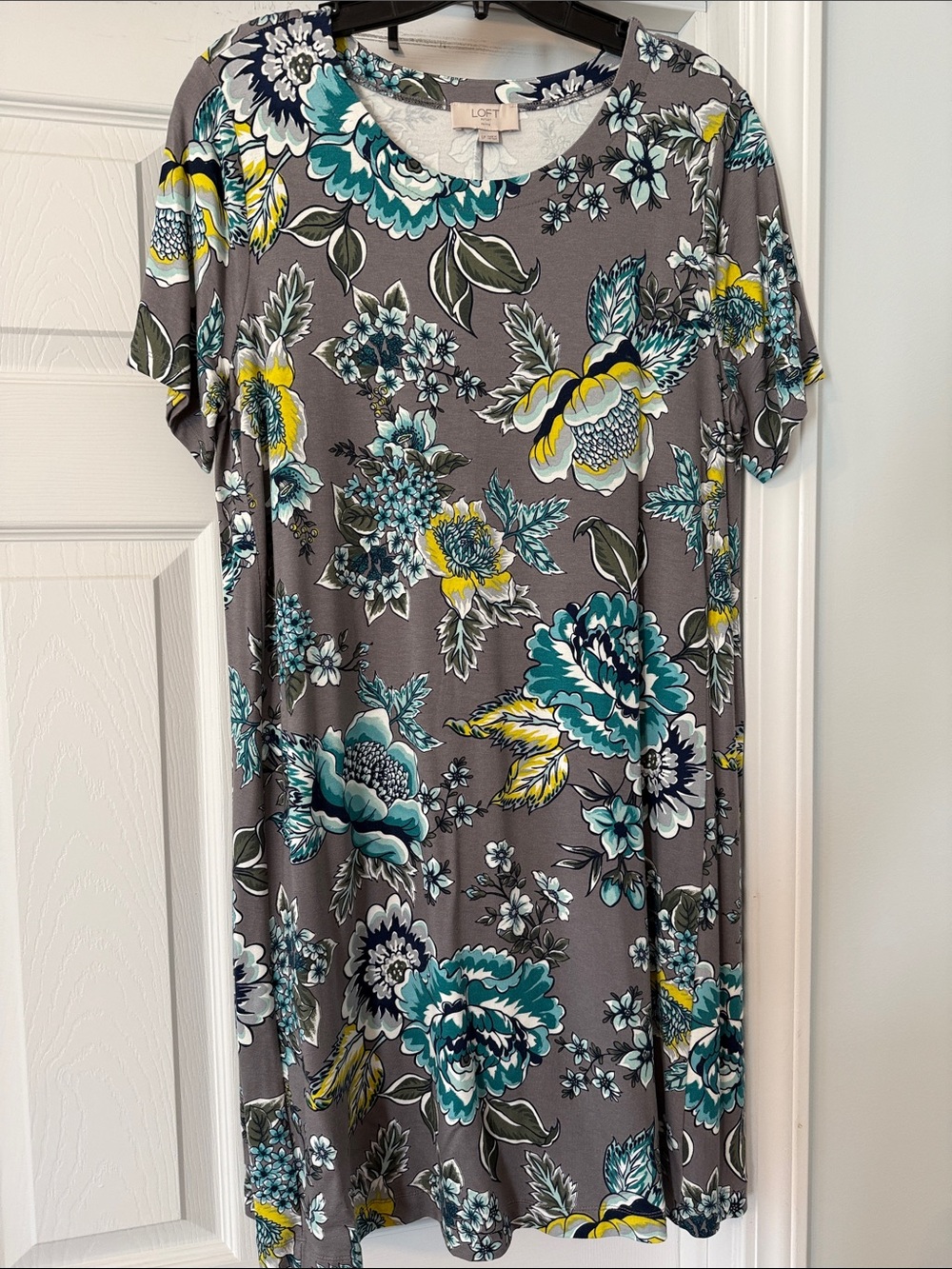 LOFT Gray Floral Midi Dress with Teal & Yellow Accents